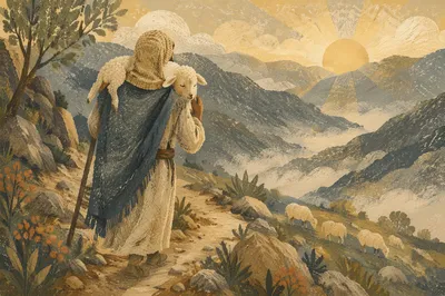 Good Shepherd Carrying Lost Lamb at Dawn