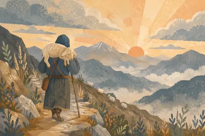Shepherd Carrying Lost Lamb at Dawn