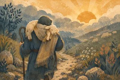 Shepherd Carrying Lost Lamb at Sunrise