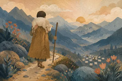 Shepherd Carrying Lost Lamb at Dawn