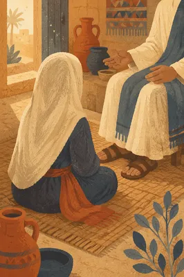 Mary Listening at Jesus Feet Indoors