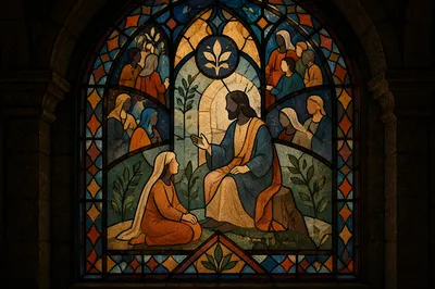 Mary Listening at Jesus’ Feet Stained Glass