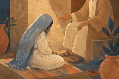 Mary Listening at Jesus Feet Indoors