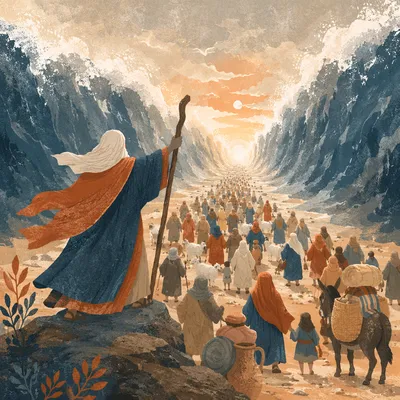 Moses Leading Israelites Through Parted Sea