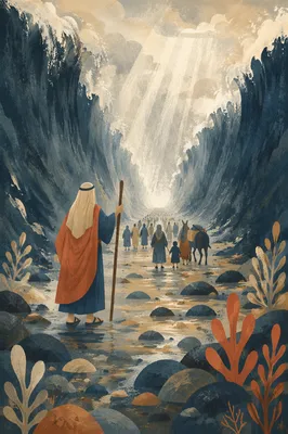 Moses Leading Israelites Through Parted Red Sea