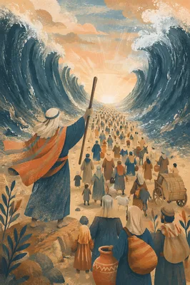Moses Leading Israelites Through Parted Red Sea