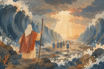 Moses Guiding Israelites Through Parted Sea