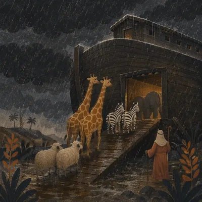 Noah's Ark Animals Boarding in Storm Rain