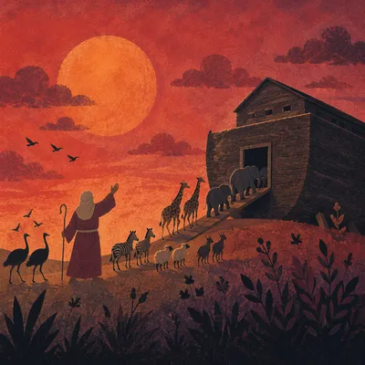 Noahs Ark Animals Boarding at Sunset
