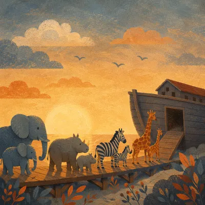 Noah’s Ark Animals Boarding at Sunset