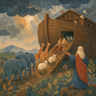 Noah Ark Animals Boarding in Rain