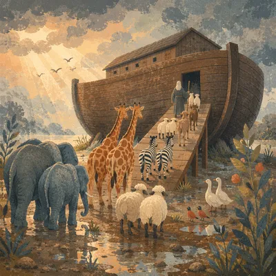 Animals Boarding Noahs Ark at Dawn