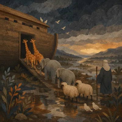 Animals Boarding Noahs Ark at Dawn