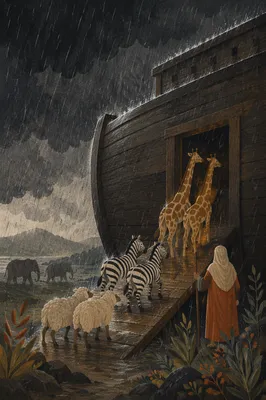 Animals Boarding Noah’s Ark in Storm