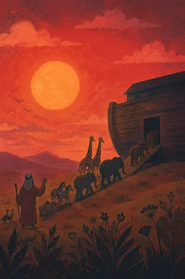 Noah’s Ark Animals Boarding at Sunset