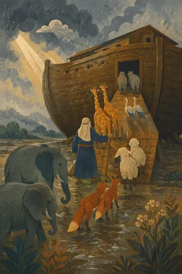 Animals Boarding Noahs Ark at Dawn