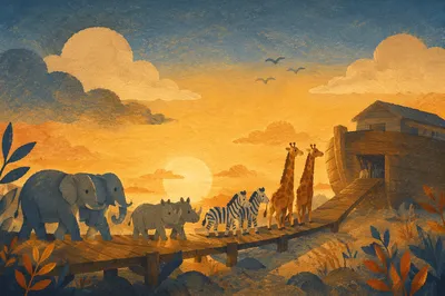 Noah's Ark Animals Boarding at Sunset