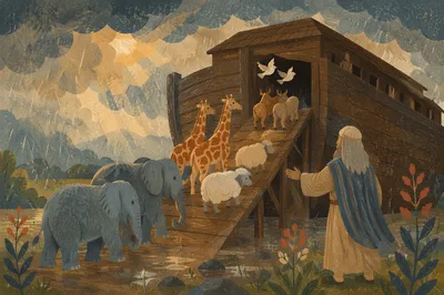 Animals Boarding Noahs Ark at Dawn