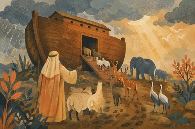 Animals Boarding Noahs Ark at Dawn