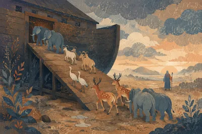 Animals Boarding Noahs Ark at Dawn