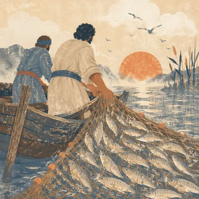 Peter Hauling the Miraculous Catch at Dawn
