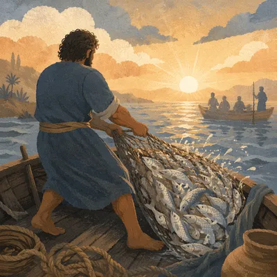 Peter Hauling the Miraculous Catch at Dawn