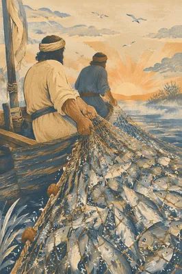 Peter Hauling the Miraculous Catch at Dawn