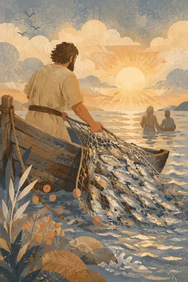 Peter Hauls the Miraculous Catch at Dawn