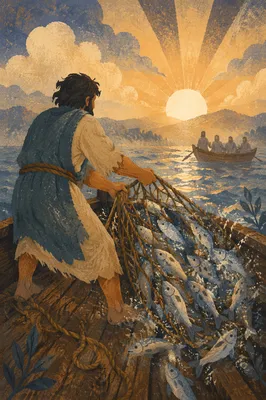 Peter Hauling the Miraculous Catch at Dawn