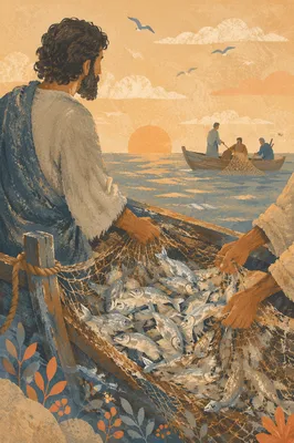 Peter Hauls the Miraculous Catch at Dawn