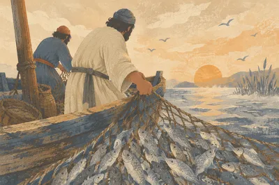 Peter Hauls the Miraculous Catch at Dawn