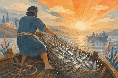 Peter Hauling the Miraculous Catch at Dawn