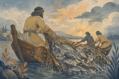 Peter Hauls the Miraculous Catch at Dawn