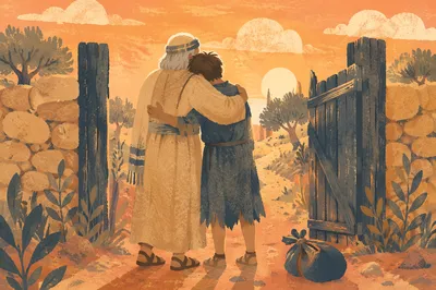 Prodigal Son Embraced on Rural Path