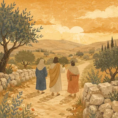 Road to Emmaus Travelers at Sunset