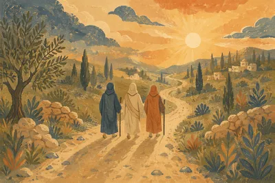 Road to Emmaus Travelers at Golden Sunset