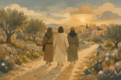 Road to Emmaus with Jesus and Disciples