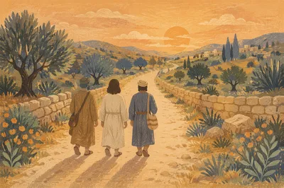 Road to Emmaus Travelers at Sunset