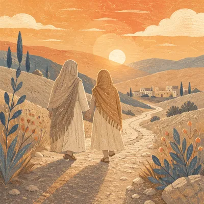 Ruth and Naomi Walking at Sunset