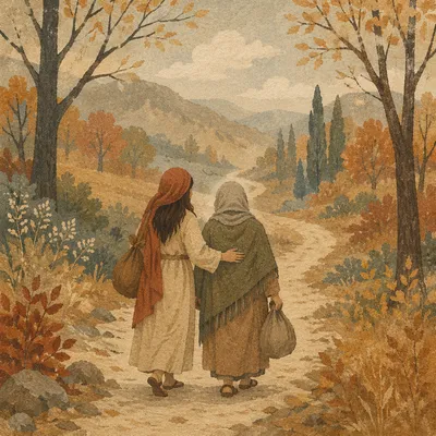 Ruth and Naomi Walking Autumn Road