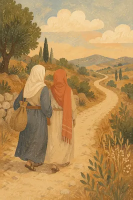 Ruth and Naomi Journey Along Dusty Road