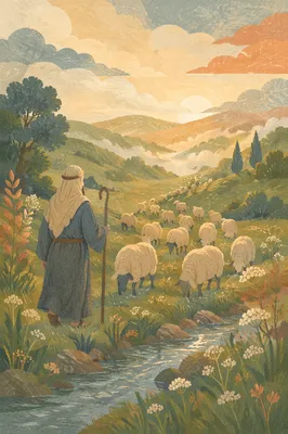 Shepherd Leading Sheep Through Green Pasture