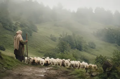 Shepherd Guiding Sheep in Misty Green Pasture