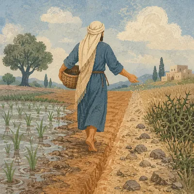 Sower Scattering Seeds Across Different Soils