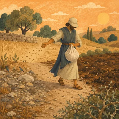 Sower Scattering Seeds on Varied Soils