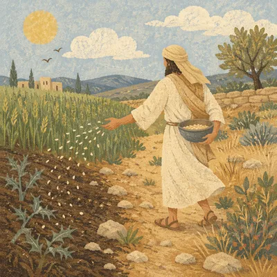 Biblical Sower Scattering Seeds at Sunrise
