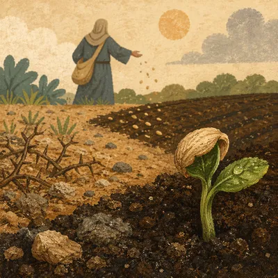 Parable Sower Seedling in Morning Soil