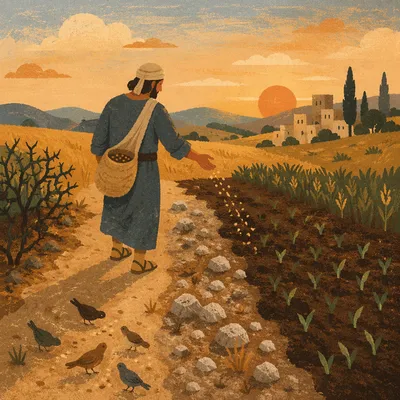 Sower Scattering Seeds on Four Soils