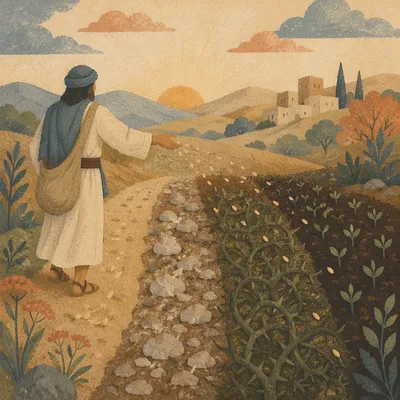 Sower Casting Seeds Across Four Soils