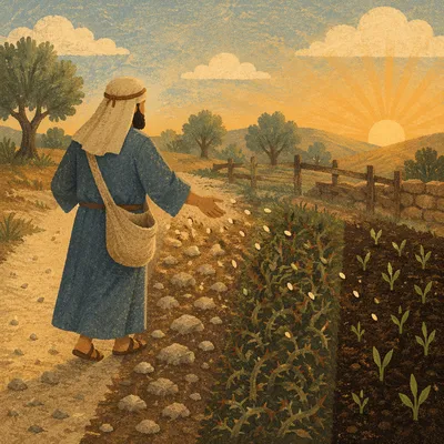 Biblical Sower Scattering Seeds at Sunrise